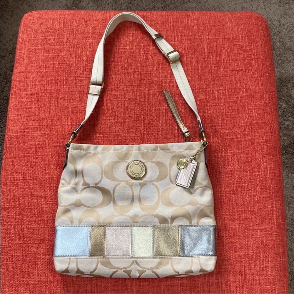 Coach F19209 Signature CC Metallic Patchwork Canvas Leather Crossbody Bag